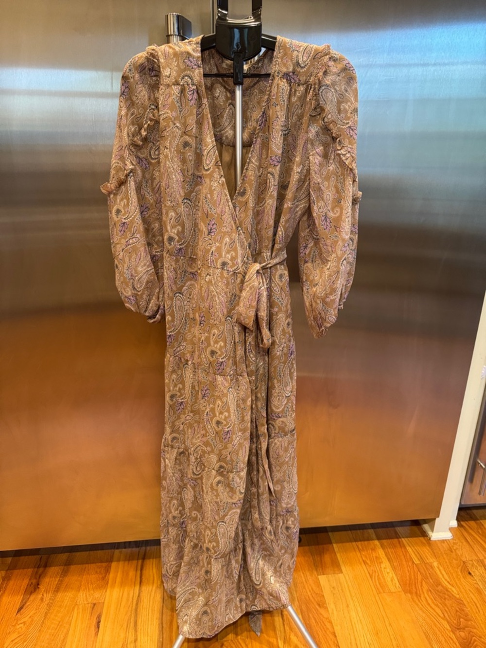 Paisley Wrap Maxi Dress in Taupe and Lavender